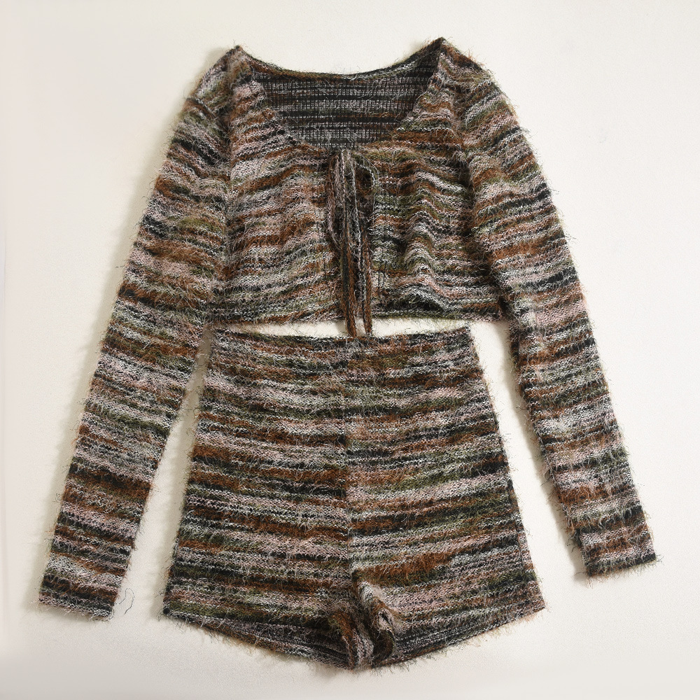 Women Clothing Autumn Winter Pine Needle Wool Exposed Cropped Hollow Out Cutout out Strap Short Shipment Long Sleeve Two Piece sets