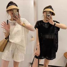 欧货休闲套装2025新款女装夏款小众设计感镂空蕾丝短袖短裤两件套