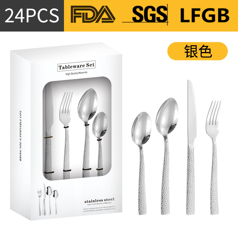 Productos de Amazon cubiertos de acero inoxidable 16 / 24 piezas con mango cuadrado engrosado cuchillo de filete cuchara de cuchillo de tenedor de agua cubo de comida occidental