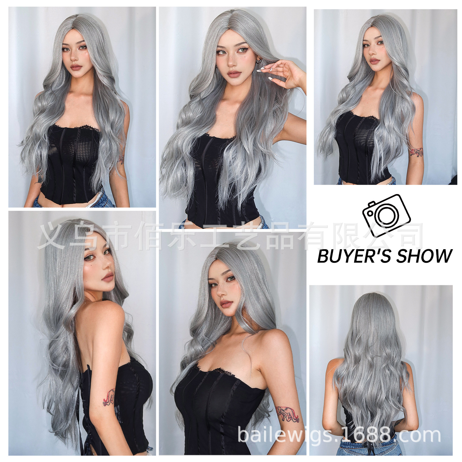 Europa y los Estados Unidos pelucas transfronterizas gris plateado ondulado largo rizado cabello completo fábrica de cabello en stock image 7