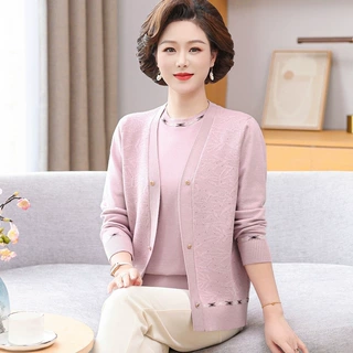 【100%纯羊毛】中老年妈妈毛衣开衫秋冬上衣女装厚款外套两件套装