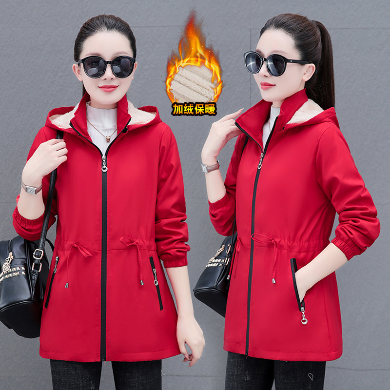 Mid-Length Hooded Detachable Velvet Windbreaker Jacket for Women in Autumn and Winter Middle-Aged Mothers Warm Zipper Cardigan Jacket
