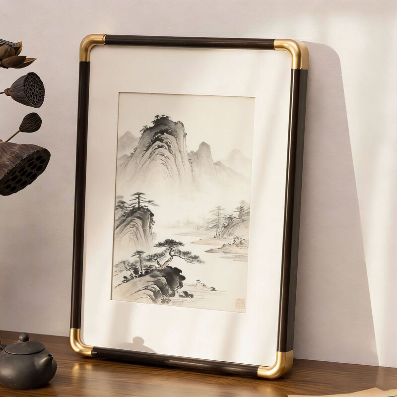 Family Photo Frame Display Stand with a High-End Feel, Wall-Mounted Photo Printing and Framing, New Chinese-Style Wedding Photo Frame with Imitation Copper Corners Family Photo Frame Display Stand with a High-End Feel, Wall-Mounted Photo Printing and Framing, New Chinese-Style Wedding Photo Frame with Imitation Copper Corners