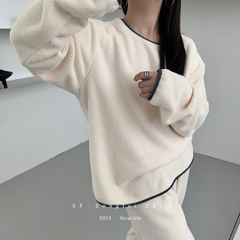 新品韩风圆领套头雪粒绒睡衣女加绒加厚宽松极简家居服二件套装