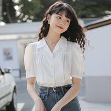 法式西装领泡泡袖衬衫女2026年夏季新款气质显瘦复古包扣白色衬衣