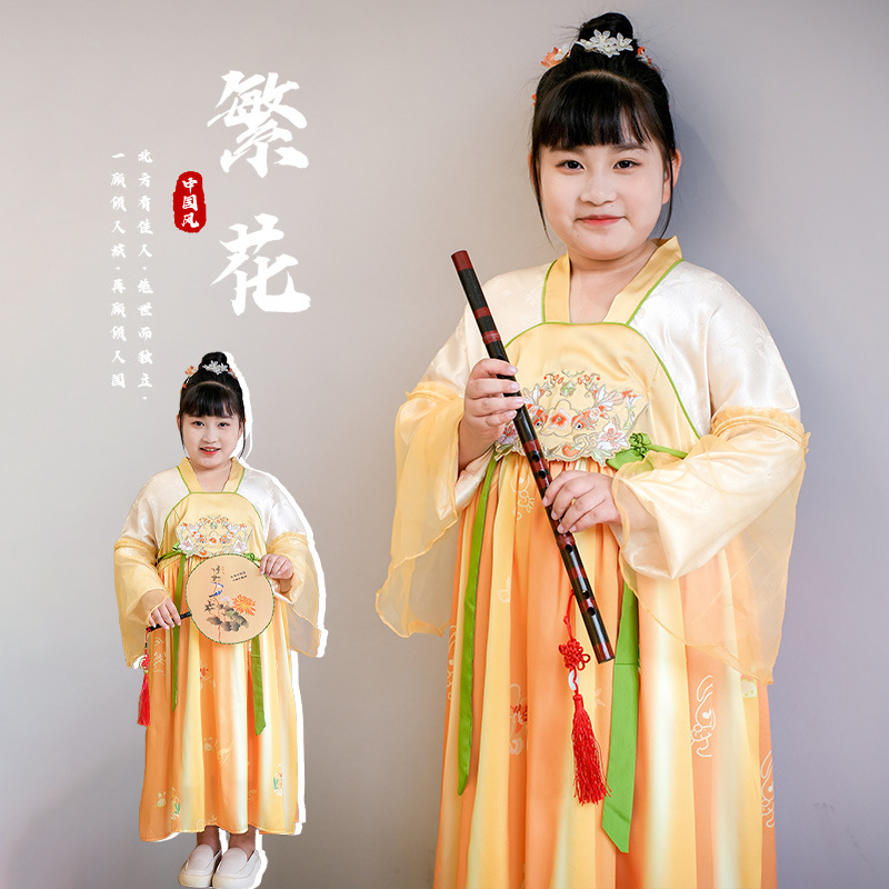 胖女童汉服加肥加大春秋装长袖新款女孩古风唐装秋款中大童连衣裙