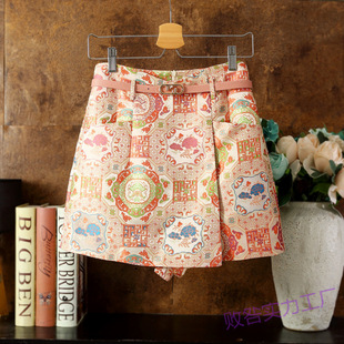 New Chinese Style Jacquard Culottes, High-End Anti-Exposure Slimming Look Colorful Belts and Flap Pocket Pants Style Retro Fashion Shorts