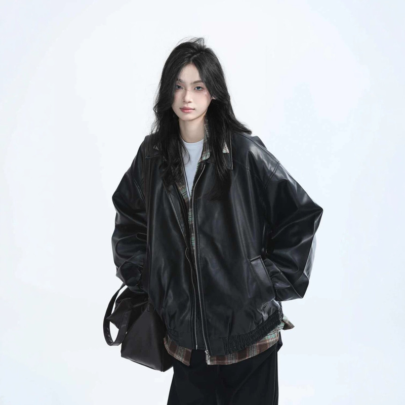 American street-style retro motorcycle jacket, black leather coat, women's autumn/winter heavyweight loose-fit jacket, with rabbit fur print
