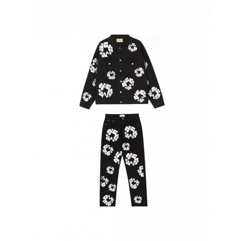 2024 Denim Jackets and Jeans Set Men Flower Graffiti High Street Autumn Streetwear Loose Outerwear Straight-Leg Pants