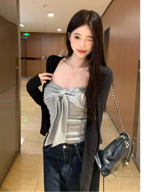 韩系黑色针织外套女早秋季2025新款开衫配抹胸吊带上衣套装|undefined