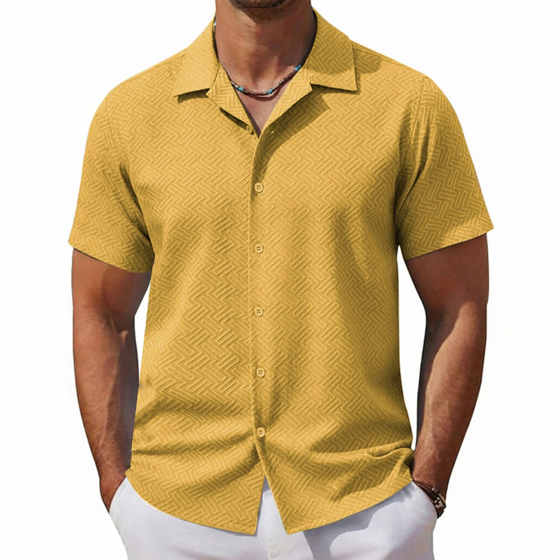 Cross-Border Foreign Trade Men's Shirts, Summer New Style, Suit Collar, Solid Color, Short-Sleeved Jacquard Shirt, in Stock, Men's Clothing A03031