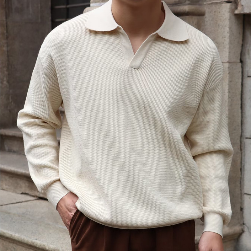 Men's Casual Warm Sweater Autumn Retro Long Sleeve Polo Shirt Slim Fit Base Layer Slightly Elastic Fashion Turn-Down Collar Knitwear