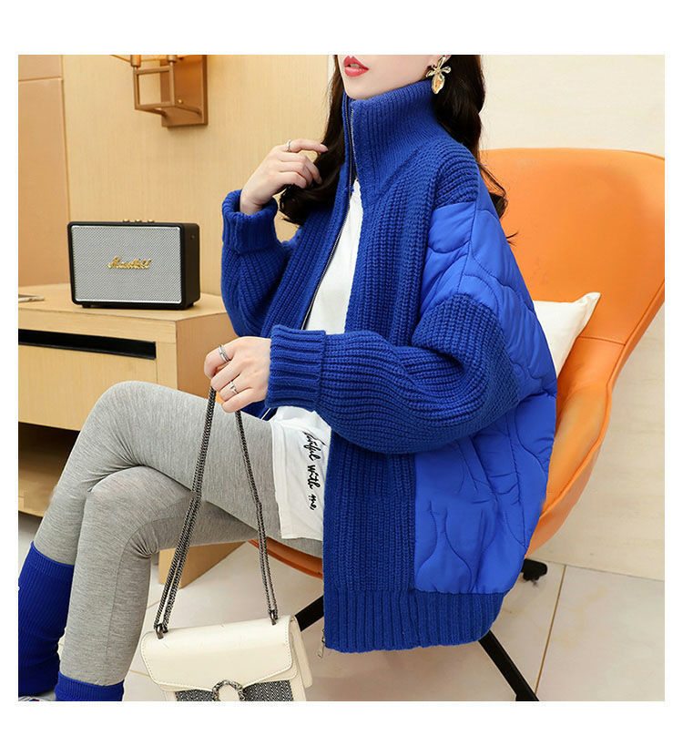 Blå stickad kofta för dam oversize vinter cardigan tröja_voghion.com
