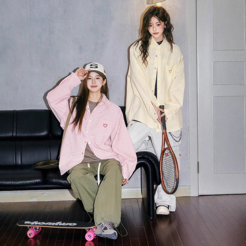 Spring and Autumn National Trend Street High-Quality American Striped Couple Long-Sleeve Shirts for Men and Women, Loose Versatile Shirts, College Style