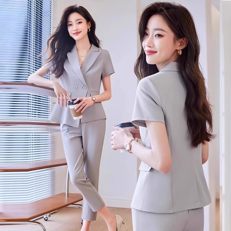 Summer Suit Women's Thin Classy Professional Formal Wear Work Clothes Summer Gray Short-Sleeved Suit Jacket Summer Suit Women's Thin Classy Professional Formal Wear Work Clothes Summer Gray Short-Sleeved Suit Jacket