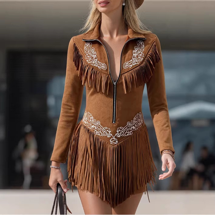 European and American Cross-Border Independent Website Vintage Western Style Embroidered Tassel Long-Sleeve Brown Suede Mini Skirt