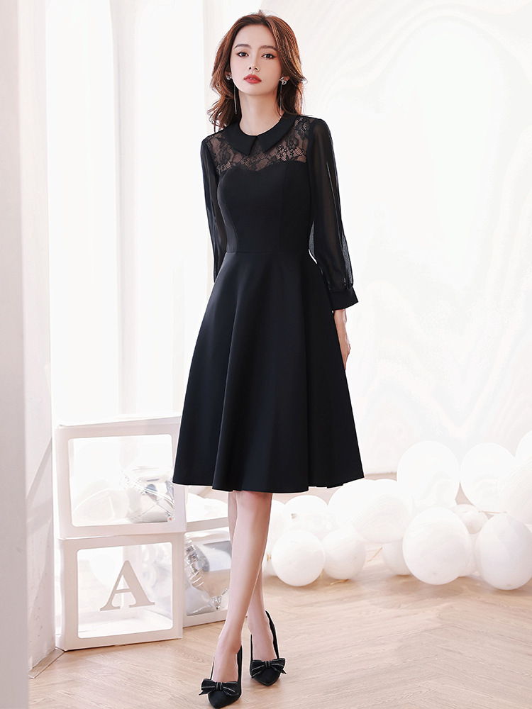 Vestido de noche negro para las mujeres, señoras pequeñas, estilo francés hepburn adelgazamiento cumpleaños vestido de fiesta