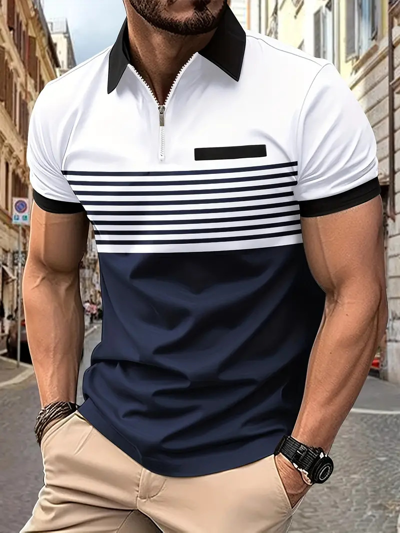 Striped Polo Shirt For Men With Turn-down Collar And Zipper_voghion.com