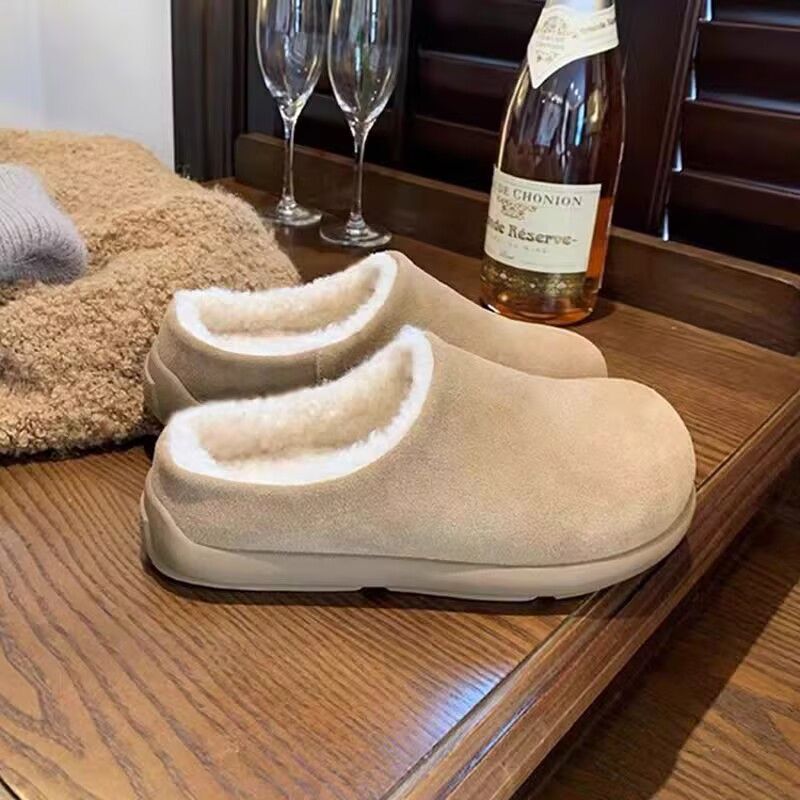 Snow Boots for Women 2025 Autumn and Winter Plus Plush Fur Shoes, Warm Slip-On Half-Slip Cotton Shoes for Outer Wear, Mule Birkenstock Shoes