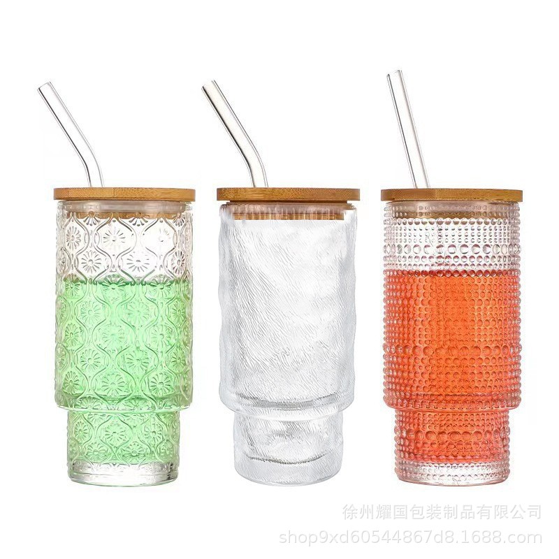 Exportación Amazon 11oz taza apilada de vidrio taza de bambú de patrón vertical transparente taza de sorbete de bebida de gran diámetro taza de jugo