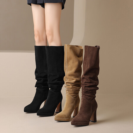 超ハイヒールニーハイブーツ レディース 太ヒール ポインテッドトゥ 小柄さん向け 防水プラットフォーム ロングブーツ パイルブーツ シープスキン ブラウン 大きいサイズ40