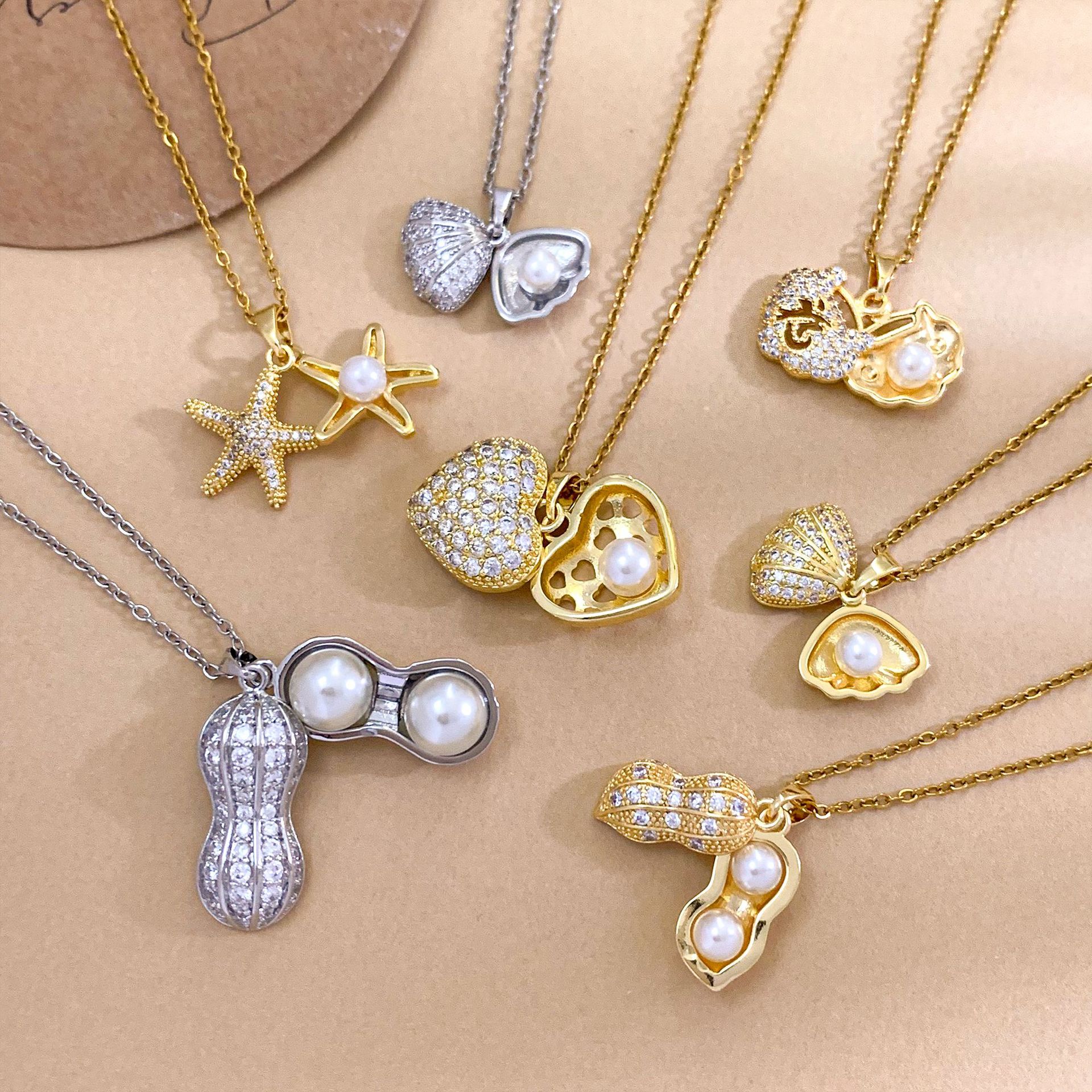 项链跨境时尚海星花生铜镶锆石项链简约高级感女气质仿珍珠锁骨链