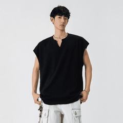 美式坎肩螺纹背心男生夏季新款t恤宽松休闲肌理感潮牌v领无袖体恤