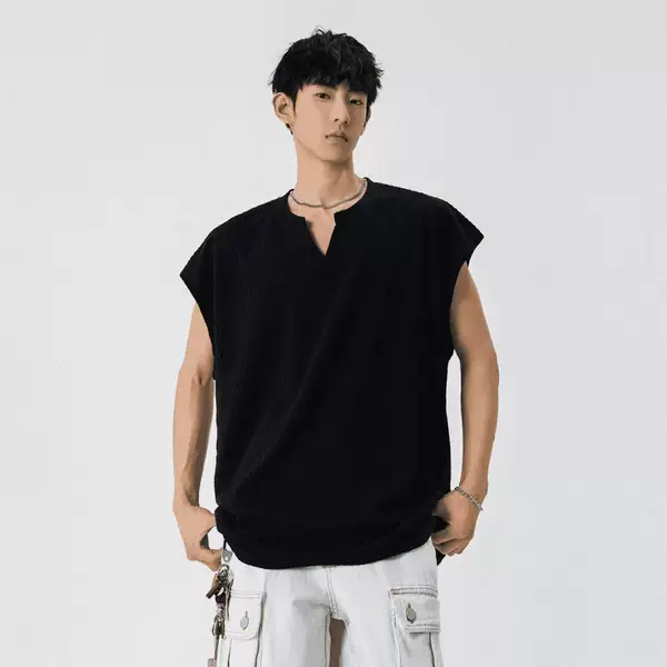 American-Style Ribbed Vest for Men, New Summer Style T-Shirt, Loose Casual Textured Trendy Brand V-Neck Sleeveless Shirt