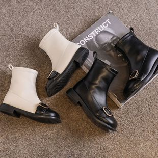 European and American style 2023 Spring French style girls' small boots cross-border double color matching small leather boots square toe girls' boots
