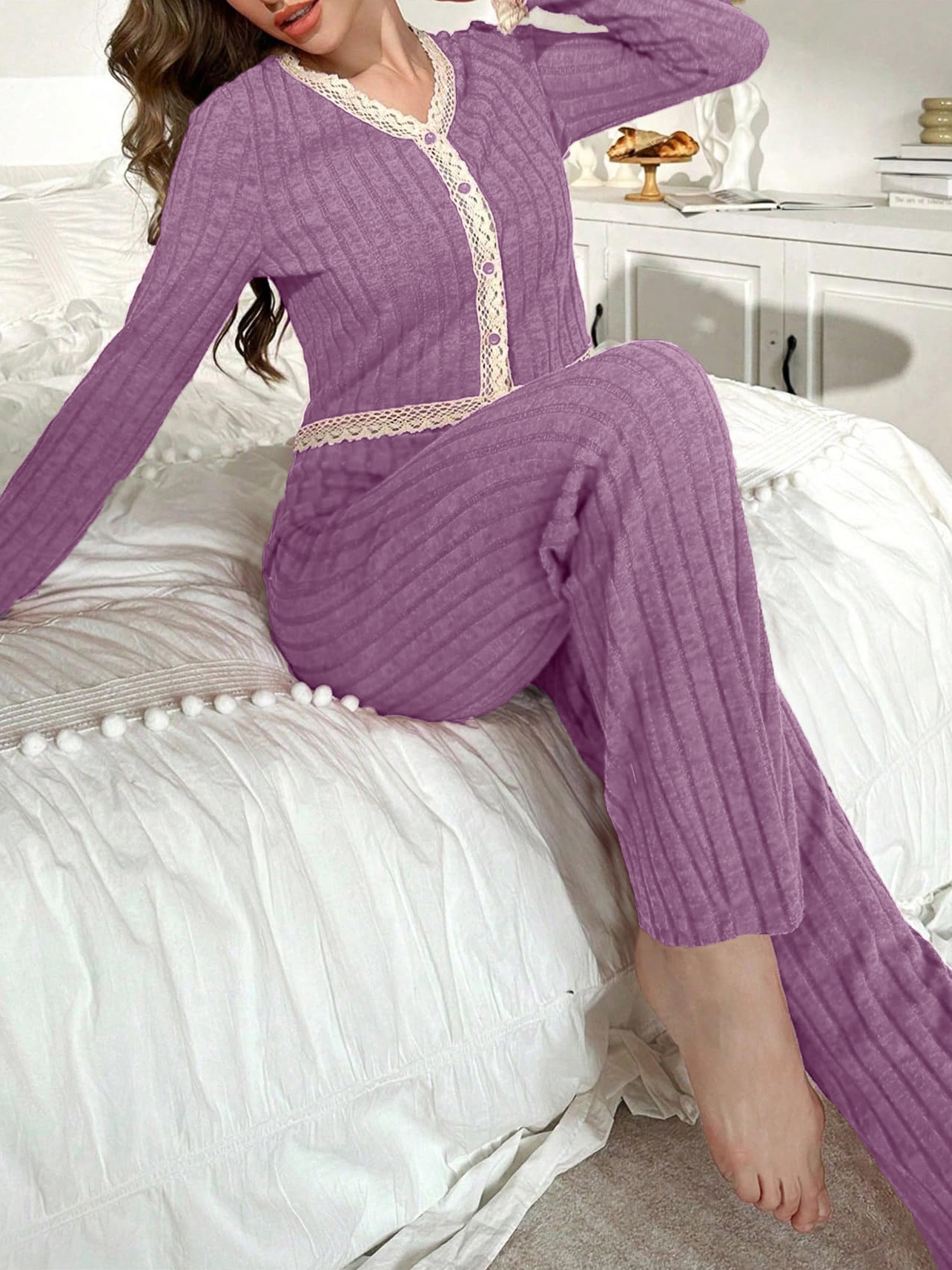 Women's Cropped Pajamas - Lace Trim Top & Pants Set, Stylish Home Wear_voghion.com