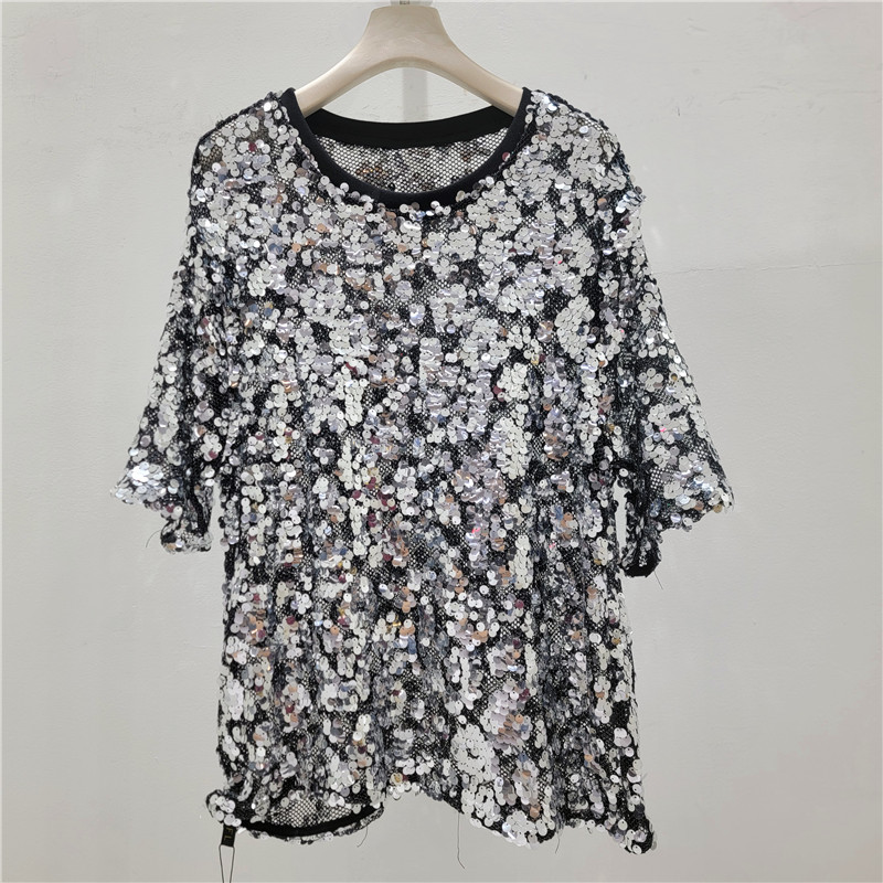 Camiseta de manga corta de estilo europeo y americano con sequinado de moda coreana de media manga guapo brillante chaqueta de media manga suelta image 4