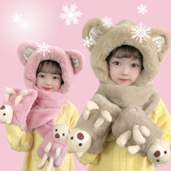 秋冬の新型子供帽子マフラー一体型帽子二点セット保温耳保護毛子供帽子マフラー卸売り