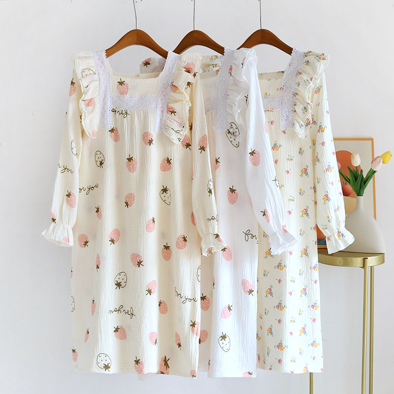 Spring and Summer Crepe Skirt Pajamas, Nightgown Lace One-Piece Casual Long-Sleeved Home Wear, Women's Nightgown Bathrobe, Pure Cotton Spring and Summer Crepe Skirt Pajamas, Nightgown Lace One-Piece Casual Long-Sleeved Home Wear, Women's Nightgown Bathrobe, Pure Cotton