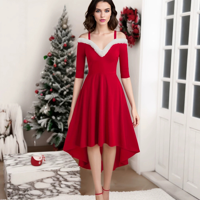 Cross-border women's clothing Amazon European and American Christmas dress long-sleeved plush high-low deep V off-shoulder maxi dress