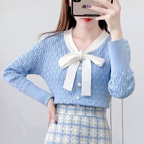 新款蝴蝶毛衣时尚套装结小个子小香秋冬风显瘦针织格子半身裙上衣|undefined