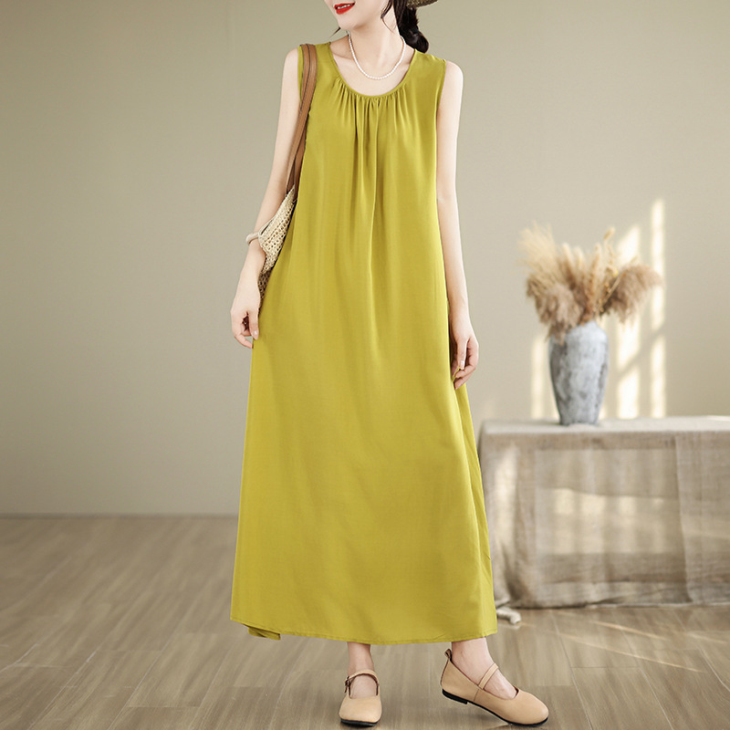 High-End Pure Color Cotton Silk Dress Women's Summer New Style Young Elegant Large Size Loose Sleeveless Long Skirt Vest Skirt