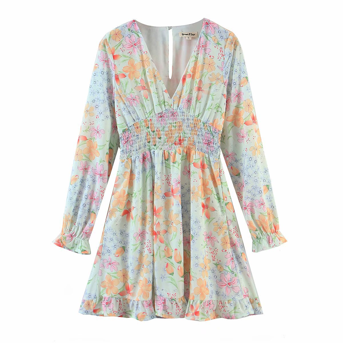 spring printing elastic waist long-sleeved ruffled V-neck dress NSAM25629