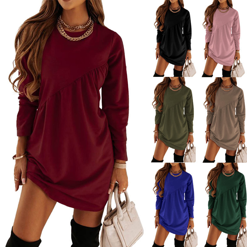 2023 Amazon Europe and America Fall/Winter New Solid Color Long Sleeve Irregular Crewneck Long T dress Cross-border Women's Wear