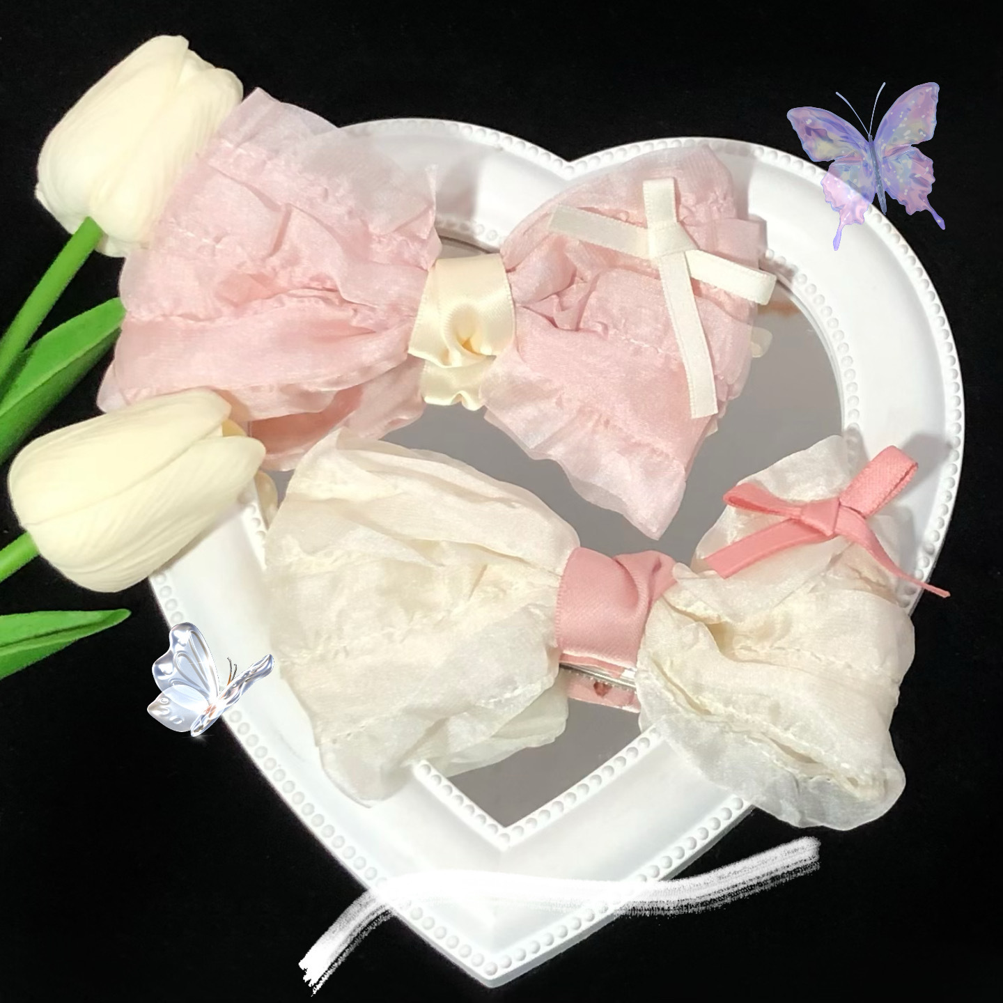 Creamy Strawberry Pink Hair Clips, Girl-Style Ribbon Bang Clips & Top Clips—2023 New Arrival Head Accessories