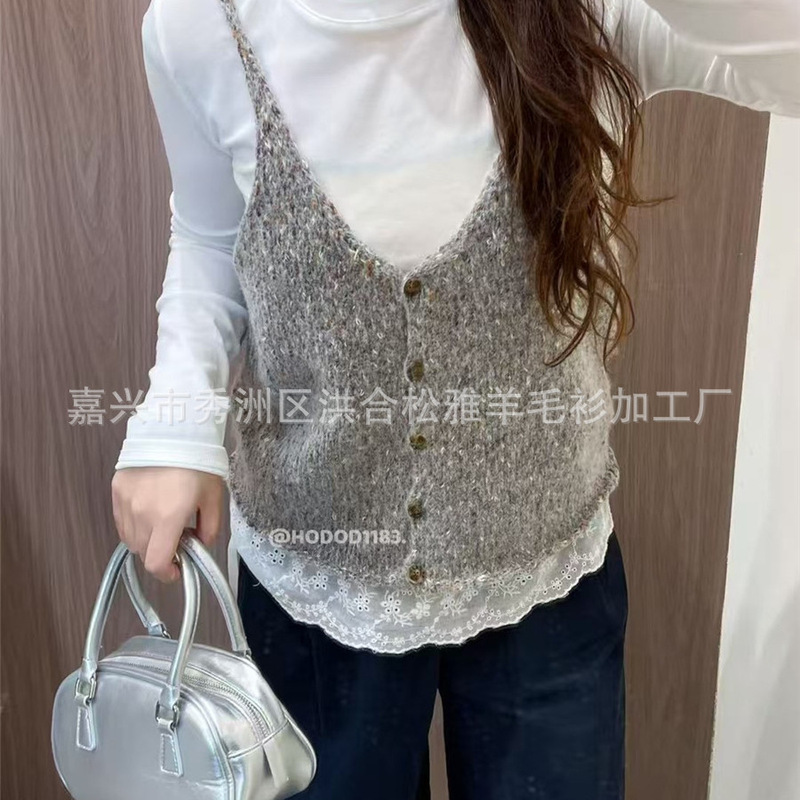 韩系百搭v领吊带针织背心女春秋新款小个子毛衣马甲叠穿短款上衣|undefined