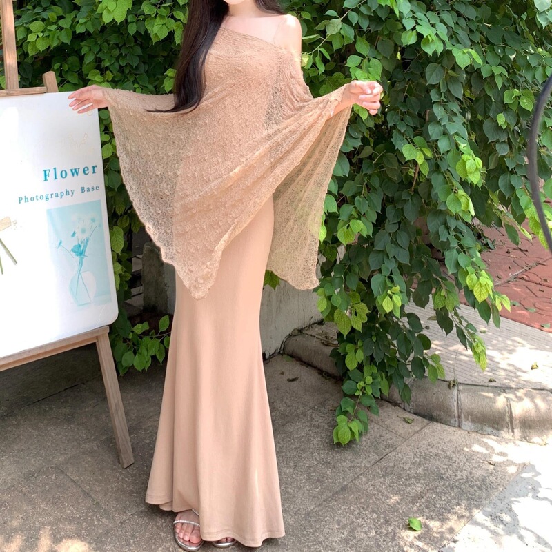 Sexy Solid Color Lace Splicing Diagonal Collar Long-Sleeved Dress for Women Spring and Summer New Style Elegant Waist-Slimming Fishtail Long Dress Sexy Solid Color Lace Splicing Diagonal Collar Long-Sleeved Dress for Women Spring and Summer New Style Elegant Waist-Slimming Fishtail Long Dress