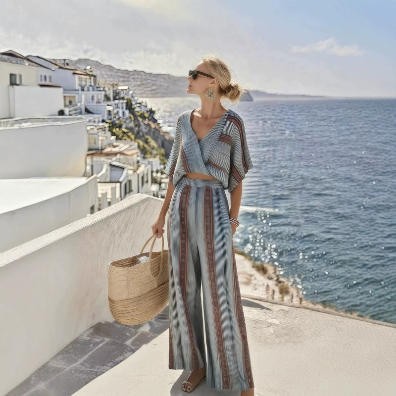 2026 New European and American Cross-Border Independent Site Amazon New Striped Print Vacation Cotton and Linen Casual Set