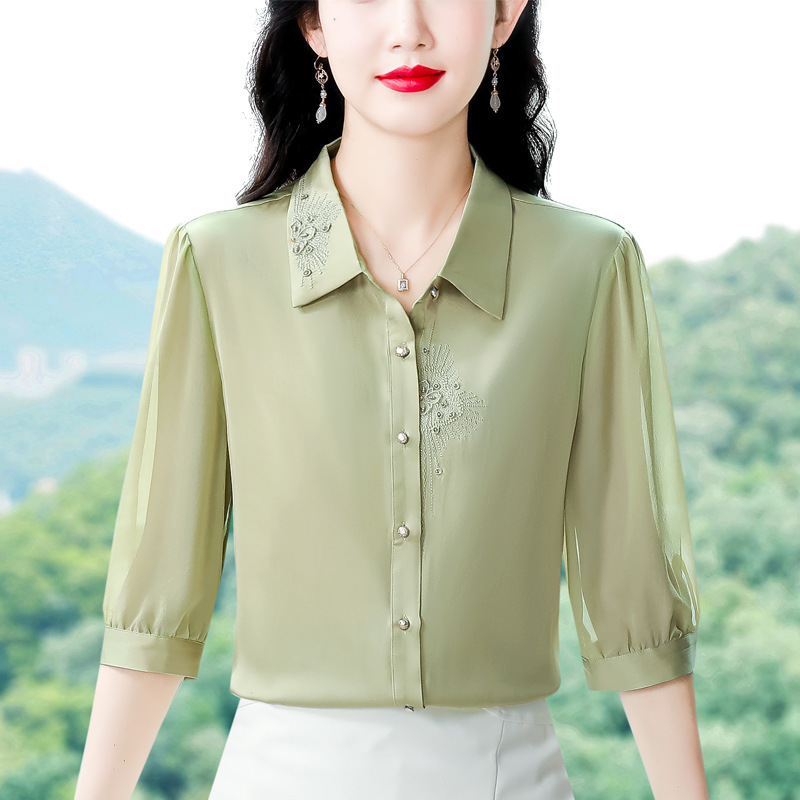 Hua Ge Di Qing Women's Mulberry Silk Shirt 2024 New Style Elegant Middle-aged Mother Loose Slimming Top Trendy