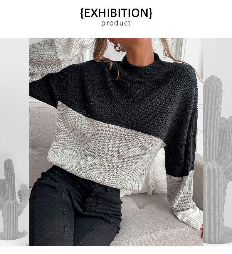 Slit Color Block Turtleneck Long Sleeve Sweater