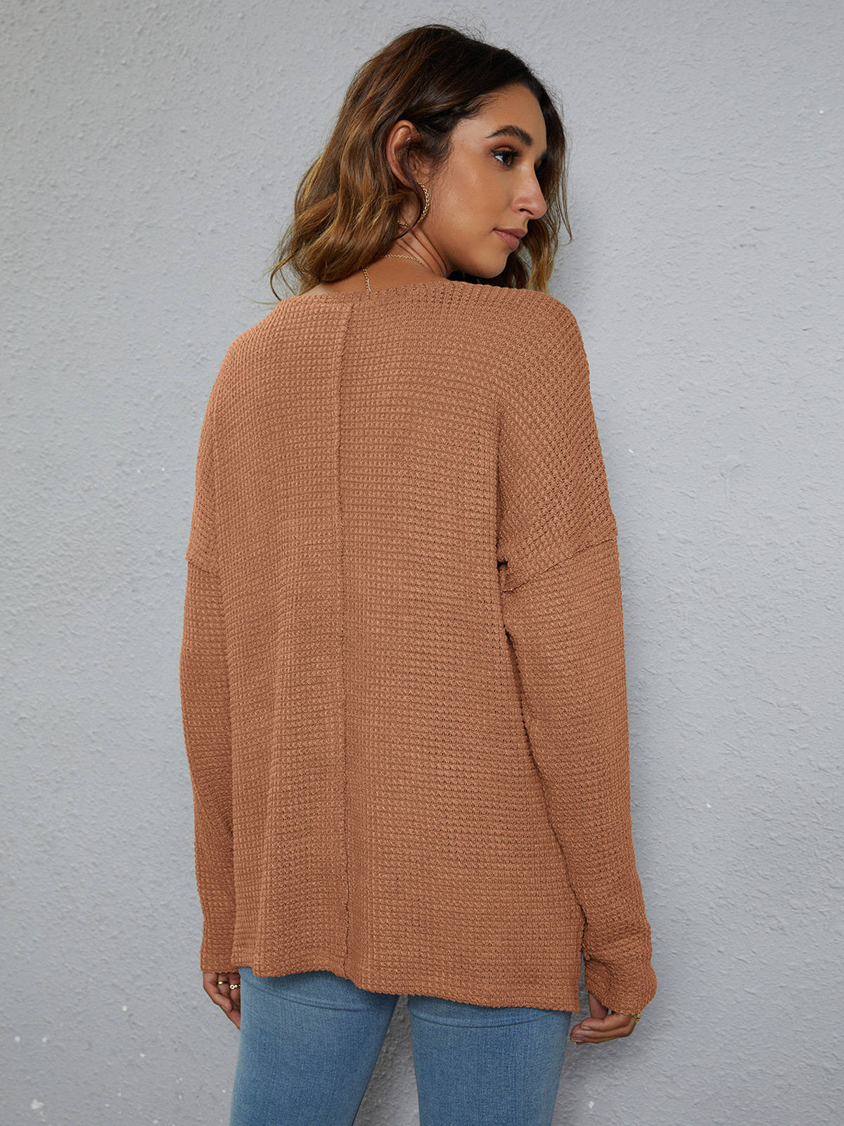 Damen Herbst und Winter neuer Damen-Pullover mit Schlitz vorne, kurzer Rückseite, lang, lässig, V-Ausschnitt, Tasche, langärmelig_voghion.com