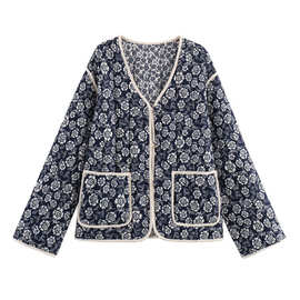 2025欧美女装秋新款V领开衫拼接双面穿印花棉服外套 B63131