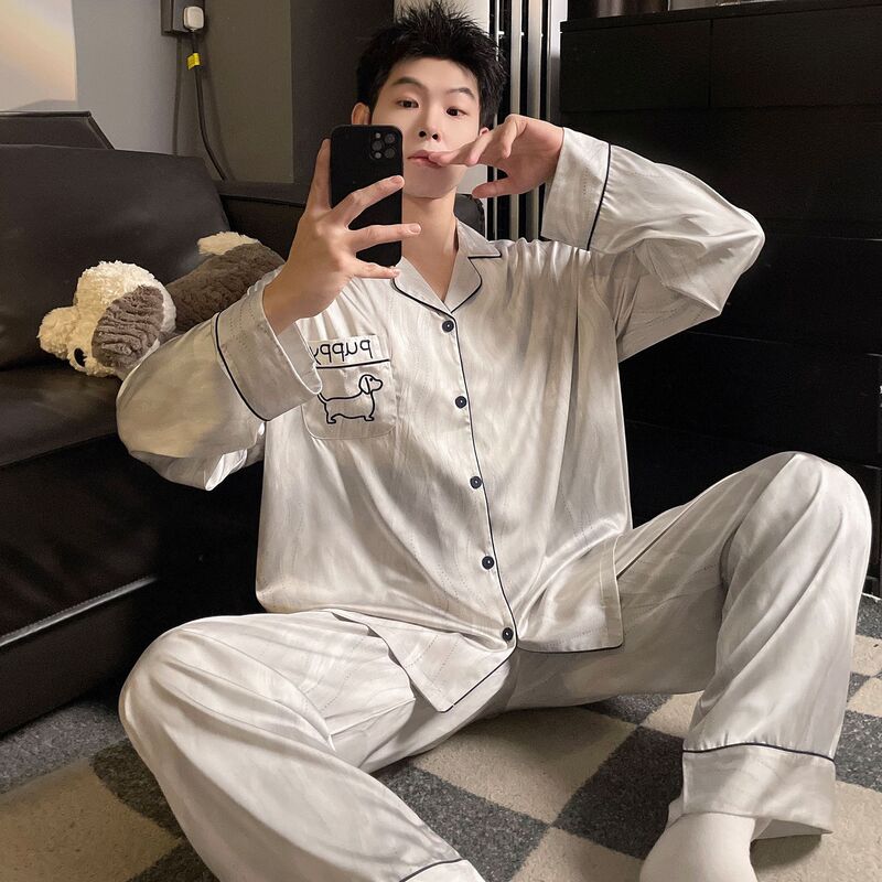Men's New Spring and Autumn Ice Silk Long-Sleeve Turn-Down Collar Cartoon Pajamas, Loose-Fit Youth Homewear Set