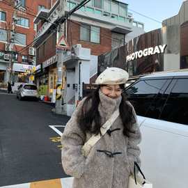 新款立领牛角扣中长款仿皮草羊羔毛毛外套女皮毛一体上衣冬季保暖