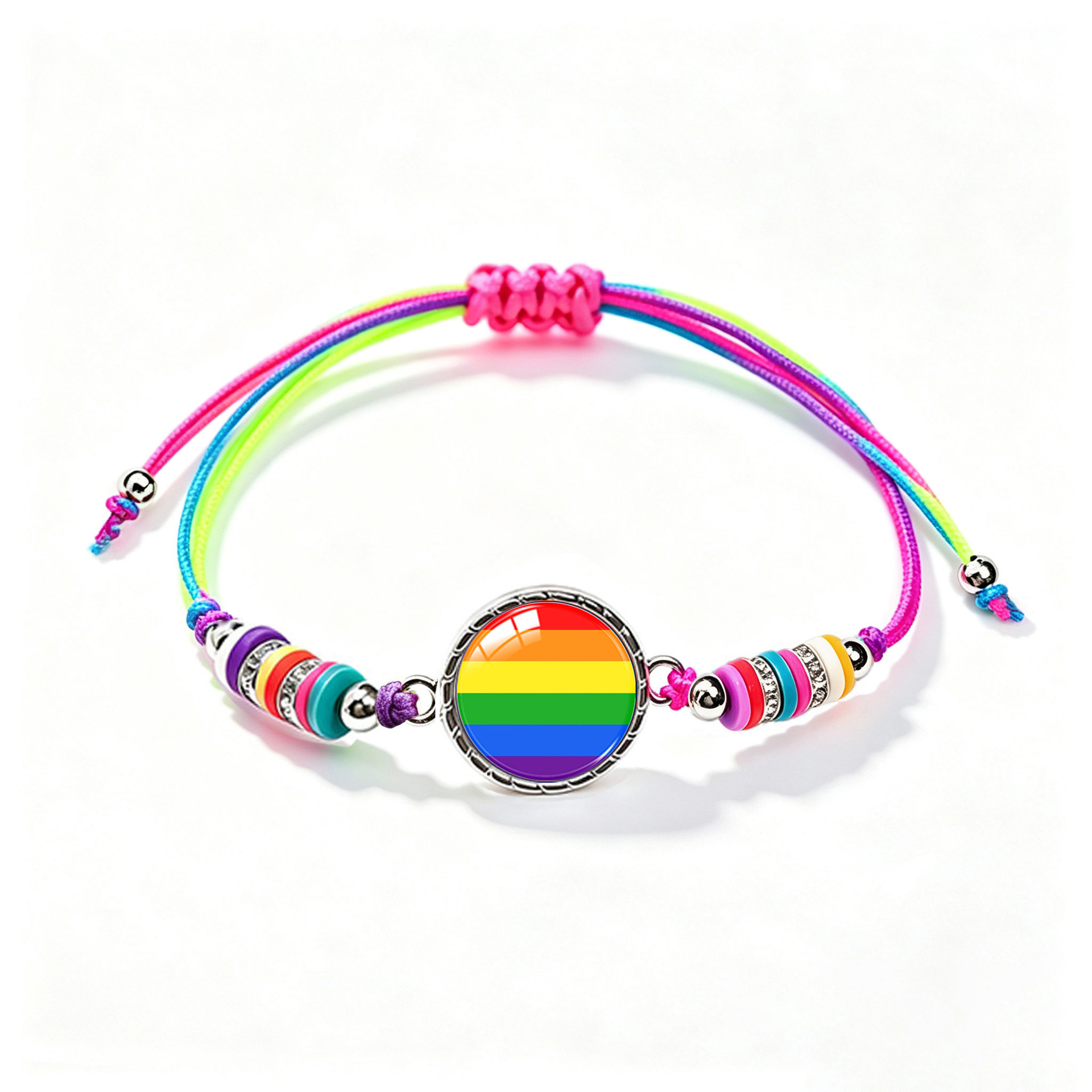 Rainbow striped colorful polymer clay bracelet, adjustable woven bracelet with gemstones, a trendy and unique fashion accessory