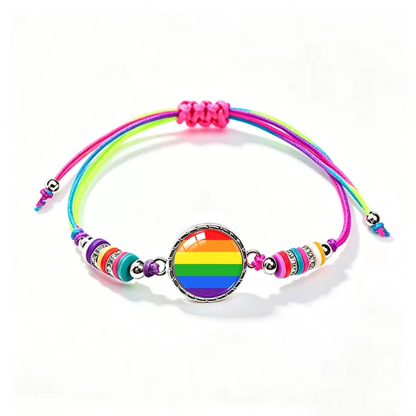 Rainbow striped colorful polymer clay bracelet, adjustable woven bracelet with gemstones, a trendy and unique fashion accessory